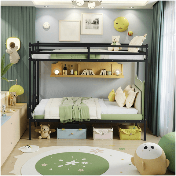 CHAMPFLAG Queen Size Bunk Bed Frame, Black Metal Loft Bed with Guardrail and Ladder for Space Efficiency