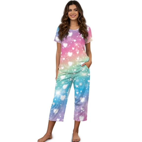 DISNIMO Heart Printed Women's Short Sleeve Pajama Sets Soft Sleepwear Comfy 2 Piece Pjs Set Short Sleeve Tops and Capri Pant Lounge, S