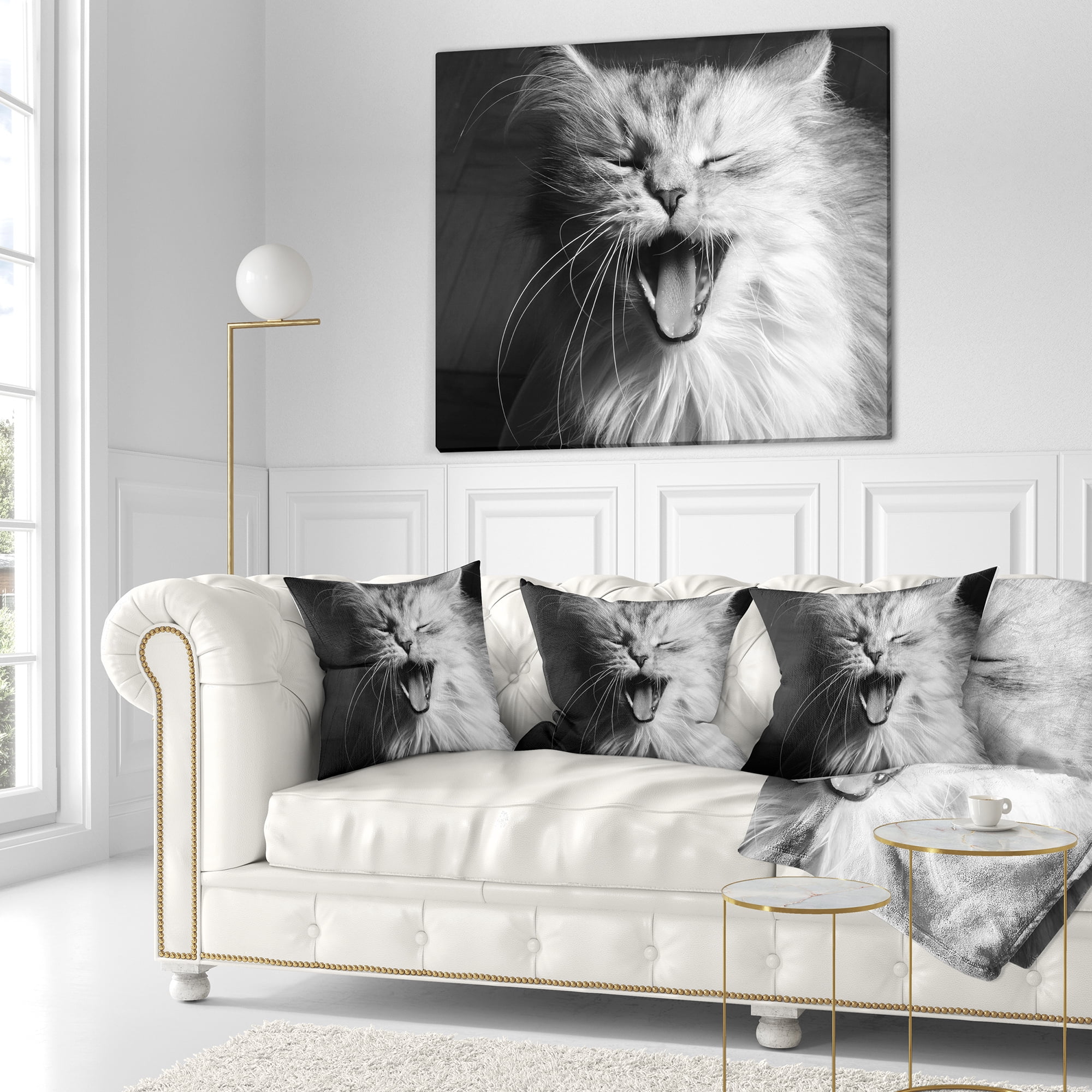 Designart Yawning White Cat - Animal Throw Pillow - 16x16