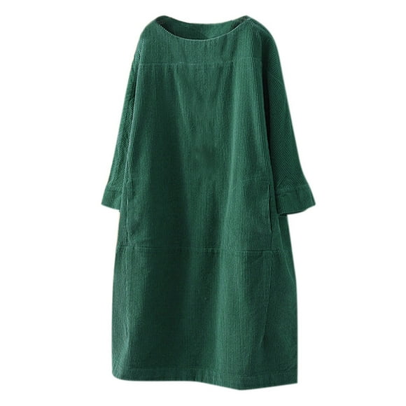 Pompotops Plus Size Fashion Women O-Neck Long Sleeve Corduroy Solid Pockets Casual Dress