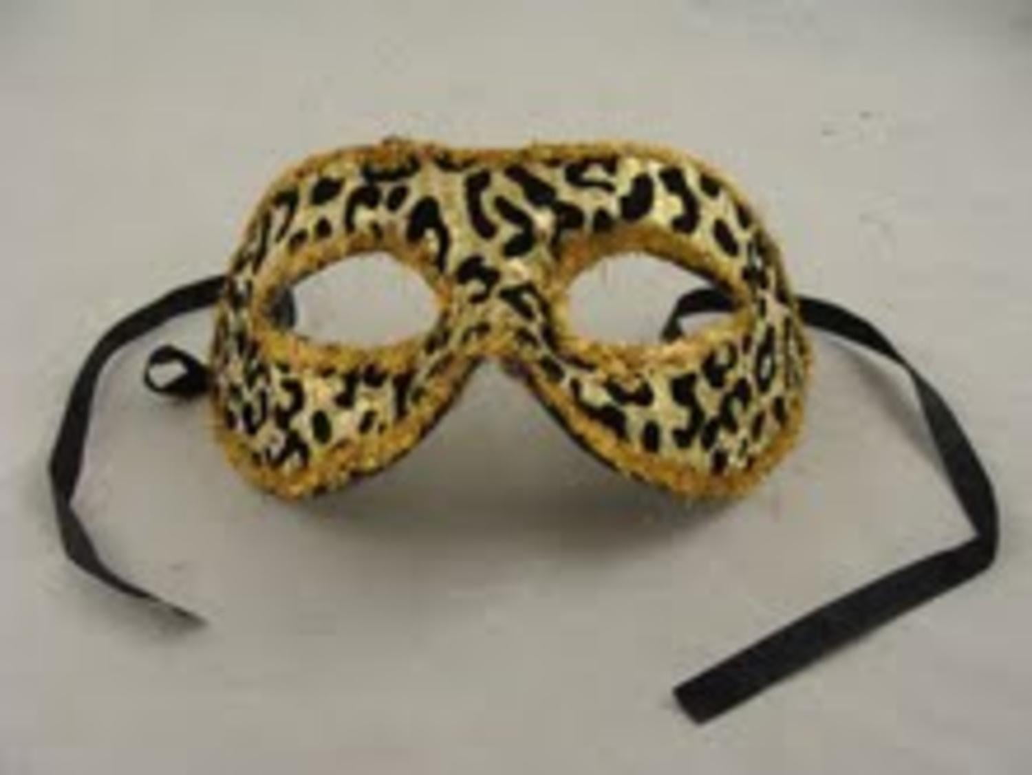 7" Gold and Black Big Cat Animal Print Halloween Mask with Sequins and