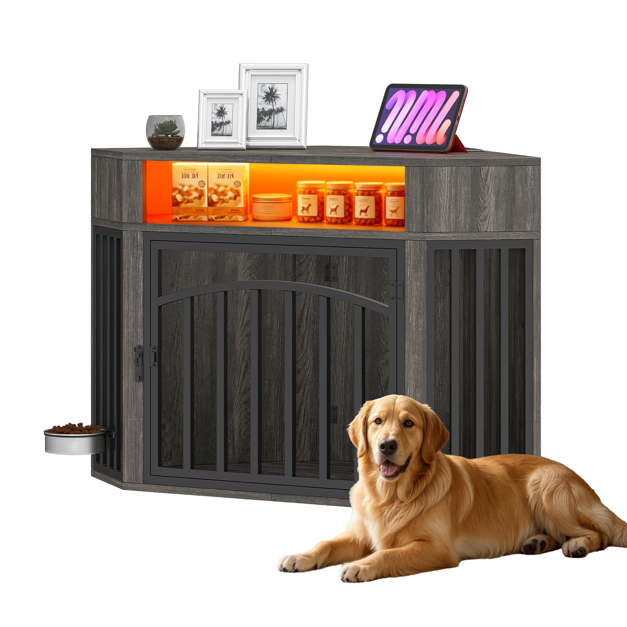 Uforic 52 Inch Gray Corner Dog Crate Furniture, Indoor Heavy Duty Kennel with LED Light, Power Outlets & 360° Bowl