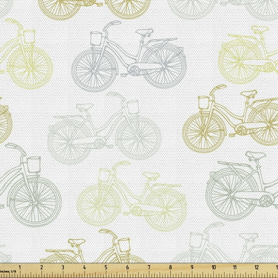 Bicycle Fabric by the Yard, Classic Design Bicycle Drawings of Pastel Colors Retro Style White Background, Decorative Upholstery Fabric for Chairs Home Accents, 5 Yards, Cadet Blue Camel by Ambesonne