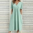 thumbnail image 3 of Tshirt Dress Women Cotton Linen Spring Summer Short Sleeve V Neck Smocked Loose Fit Flowy Midi Dress with Pockets, 3 of 5