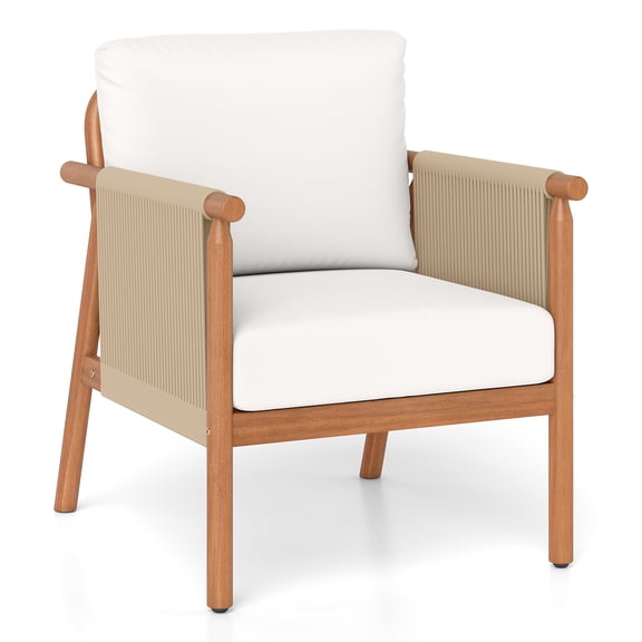 Costway Patio Acacia Wood Chair with Woven Rope Armrests & Seat Back Cushions for Backyard Natural   White
