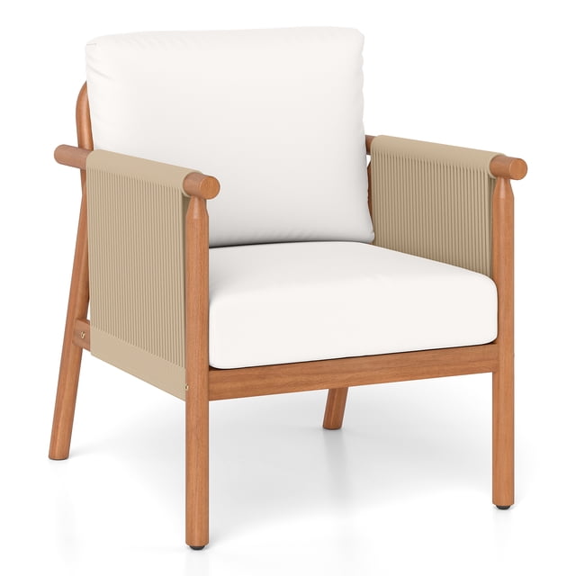 Costway Patio Acacia Wood Chair with Woven Rope Armrests & Seat Back Cushions for Backyard Natural + White