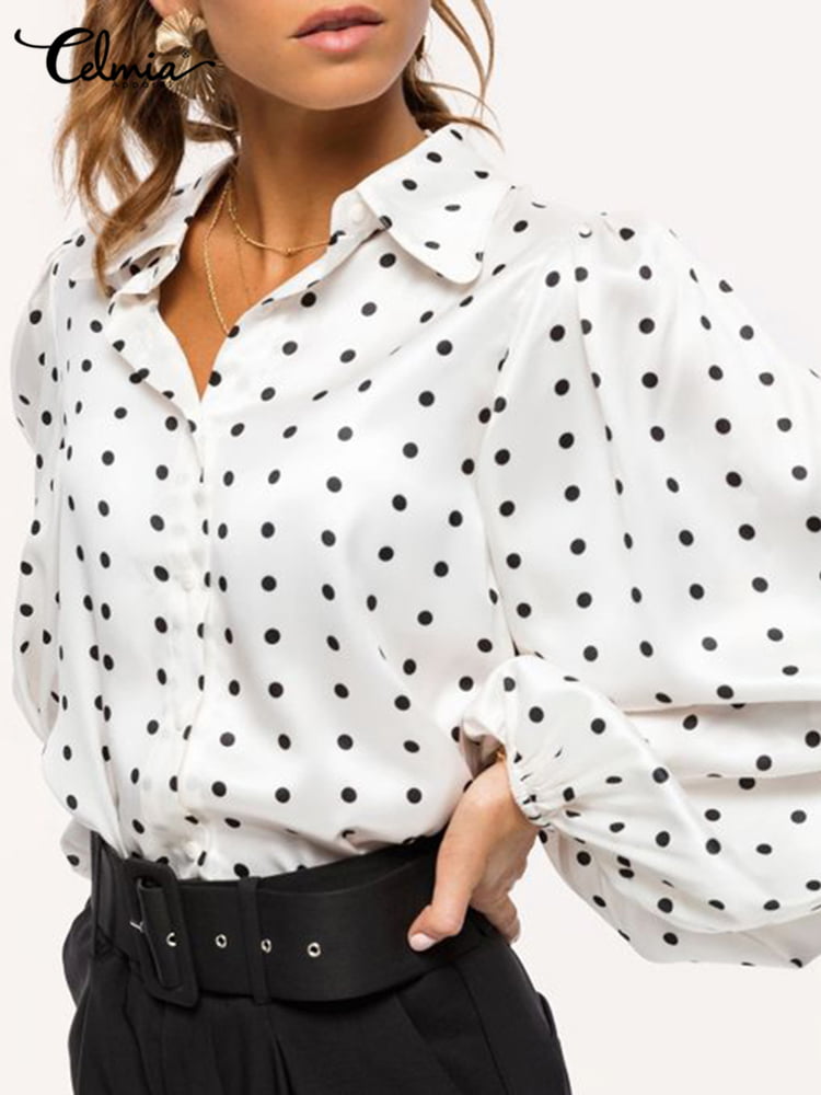 Womens OL High Neck Shirt Tops Long Lantern Sleeve Polka Dot/Floral Print Blouse