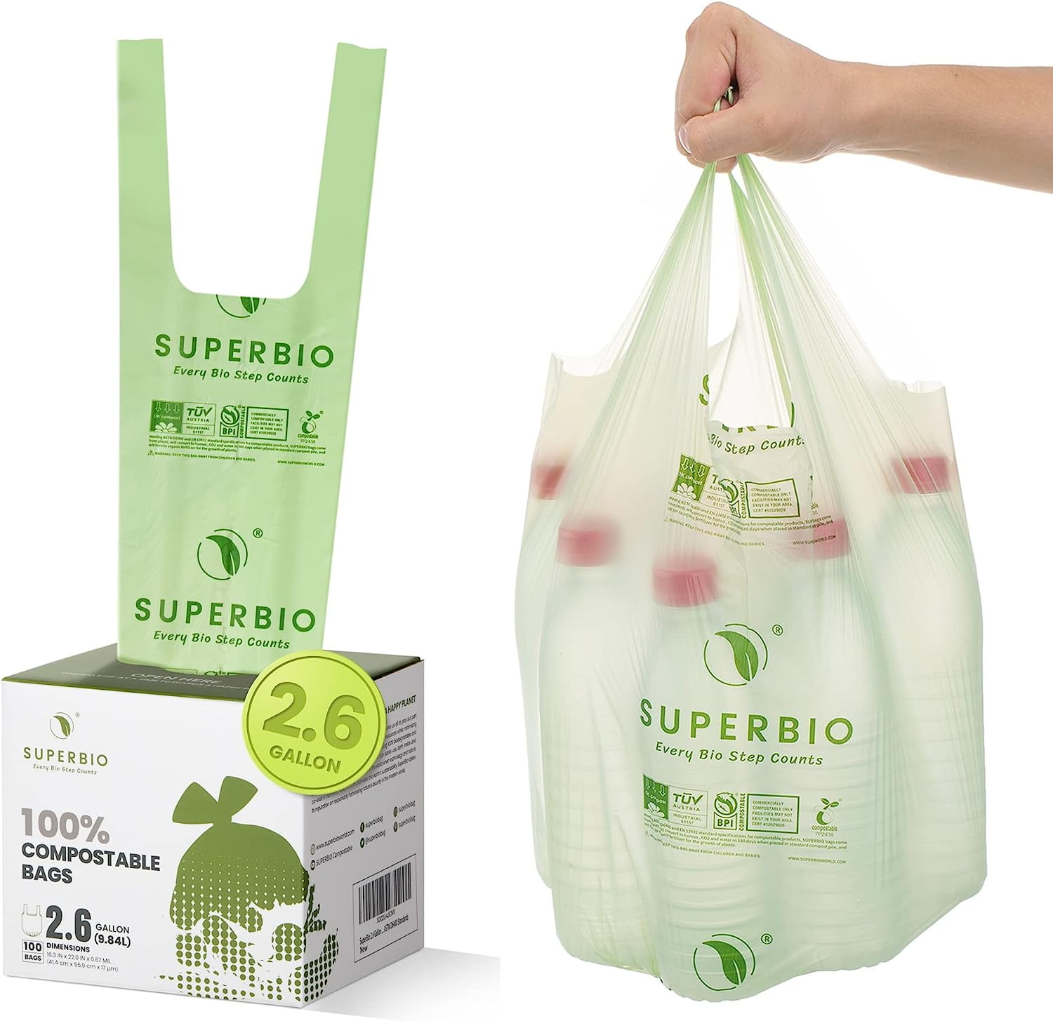 SUPERBIO 13 Gallon Compostable Handle Tie Tall Kitchen Garbage Bags