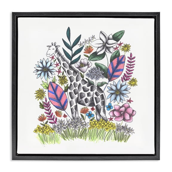 Giraffe in Midst of Flowers Black Framed Floater Canvas Wall Art, design by Cecilia Battaini