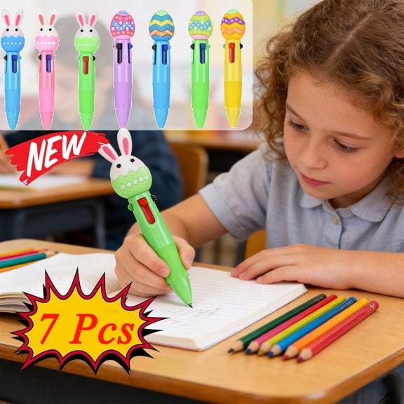 KOYPTL Set of 7 Easter Colorful Multicolor Pen in One Cartoon Cute Fun 4-in-1 Cute Pens Bulk Kawaii Easter Eggs Rabbit Chicken Rainbows Gnome Shape Cute Ballpoint Pens Easter Fun Gifts and Daily Use