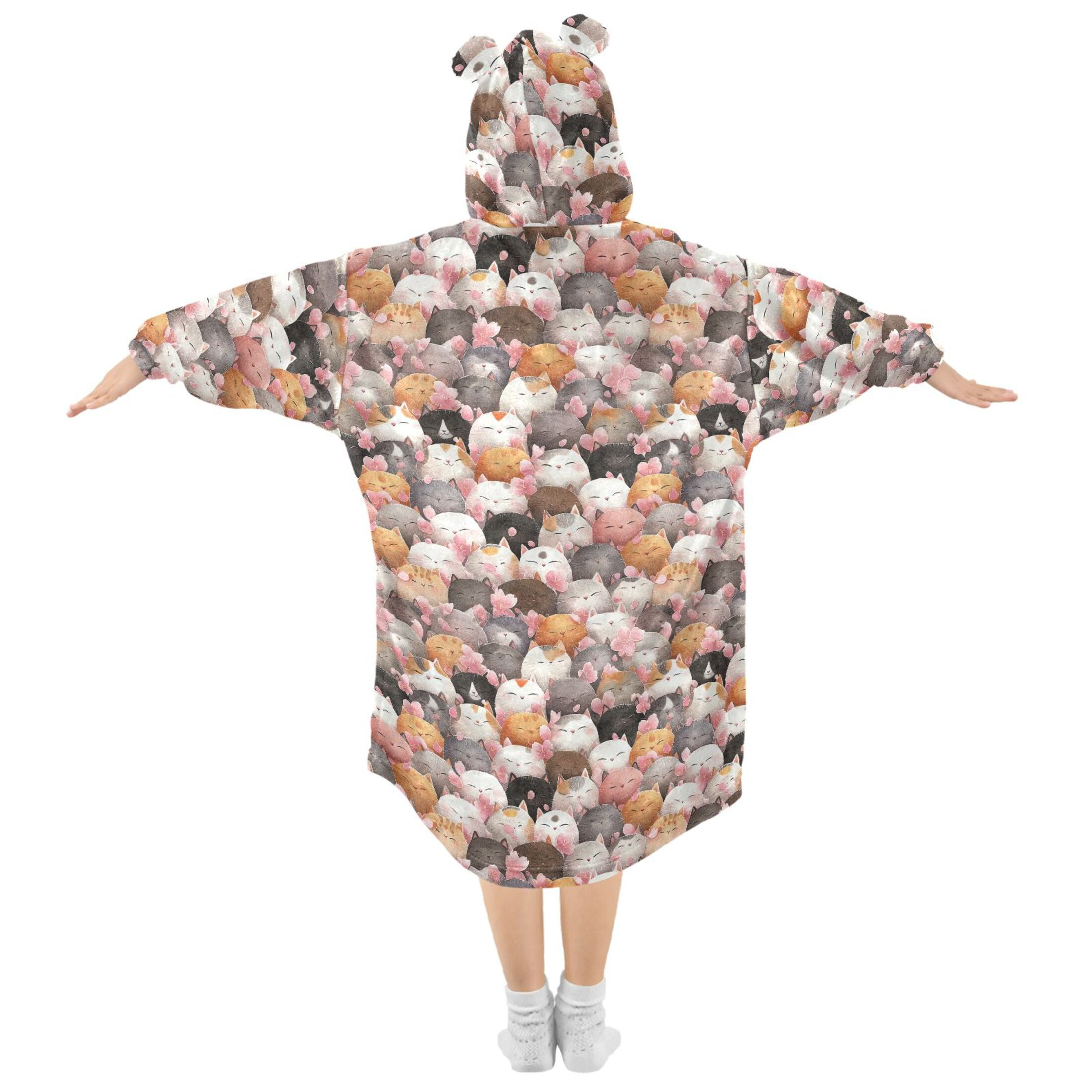 Wearable Blanket Hoodie for Kids Cute and Funny Cat Flannel Hooded Blanket with Pockets and Sleeves Suitable for Boys and Girls
