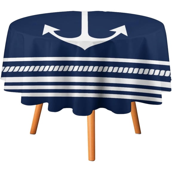 Tablecloth Nautical Blue White Stripes, Anchor Table Cover 60inch Round Washable Table Cloth for Kitchen Dinning Party Tabletop Modern Decoration