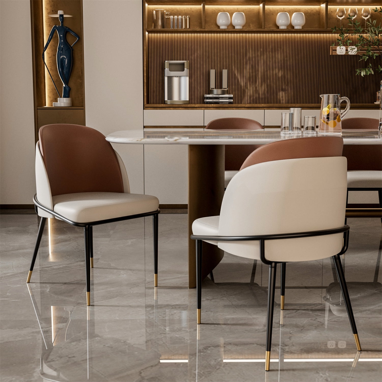Wisfor Set of 2 Wider Dining Chairs Soft Sponge Filling PU Leathered Kitchen Chairs, Colour Reddish Brown & Beige