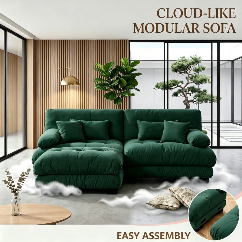 ANPPORT Cloud Couch Sleeper Sofa, Chenille Green 2-Seater Modular Sofa with 1 Ottomans, 2 Lumbar pillows, 2 Pillows, Comfy Deep Seat Cloud Sofa, Convertible L-Shaped Floor Couch for Living Room
