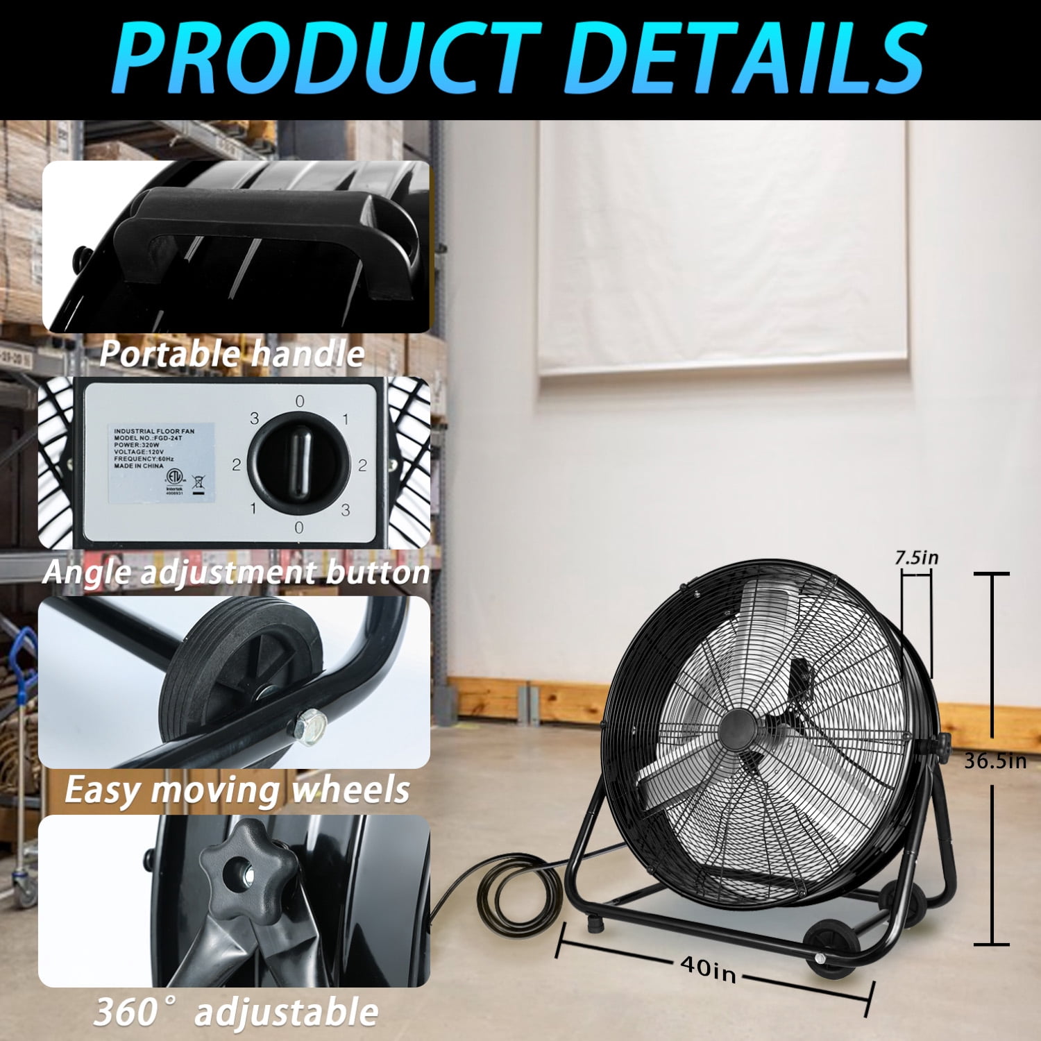 Industrial Fan 36 Inch Heavy Duty Drum 3 Speed 20000 CFM Air Circulation High Velocity Fan For Warehouse, Workshop, Factory, Commercial, Residential and Greenhouse Black