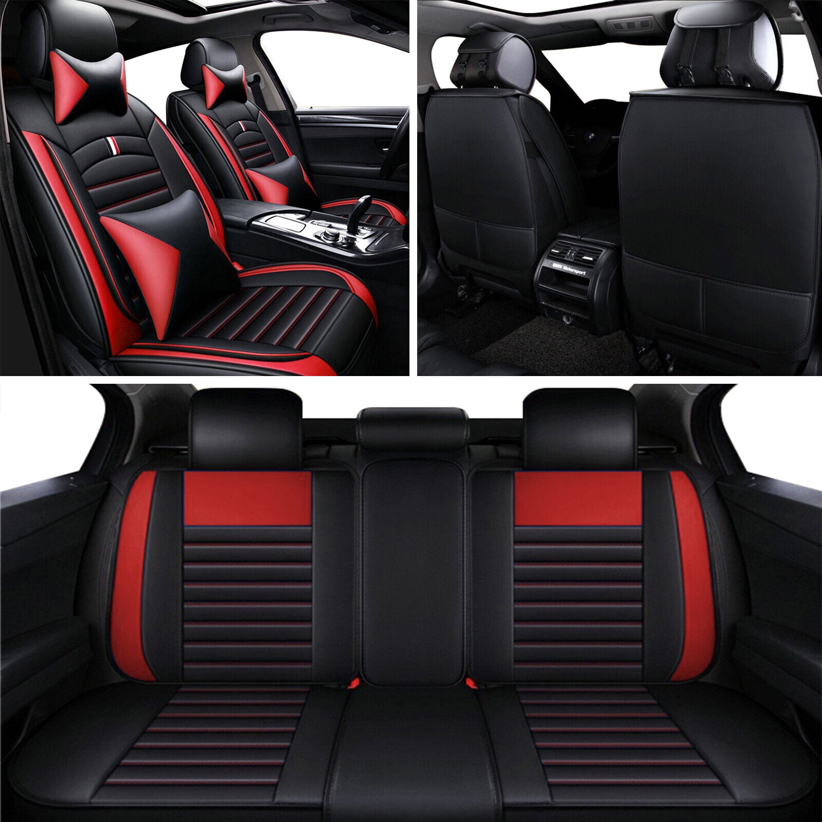 For 2000-2024 Kia Seltos Soul Optima Sorento RIO5 Car 5 Car Seat Covers  Front/Rear Full Set+ 4 Pillows Cushion Luxury PU Leather Protector  Waterproof Black&Red 