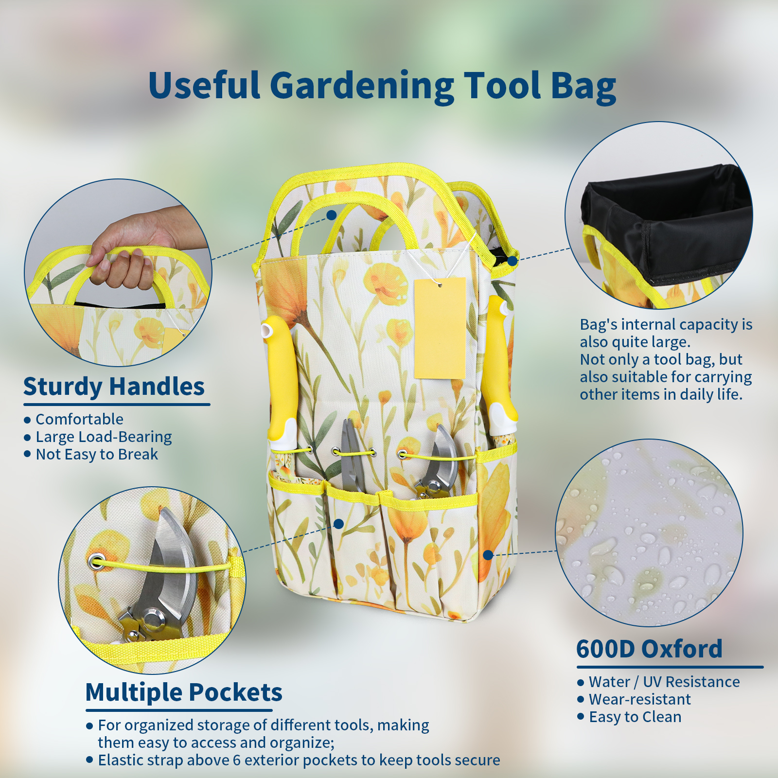 ZUEXT Yellow Garden Tool Sets 10-Piece, Heavy Duty Gardening Hand Tools with Non-Slip Ergonomic Handle, Flower Print Garden Tool Bag, Gardening Gifts for Women, Plant Lover Gifts for Mom Grandma