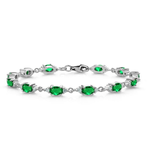 Gem Stone King 925 Sterling Silver Green Nano Emerald and White Moissanite Tennis Bracelet for Women (5.71 Cttw, Gemstone Birthstone, Oval 6X4MM, 7.5 inch)