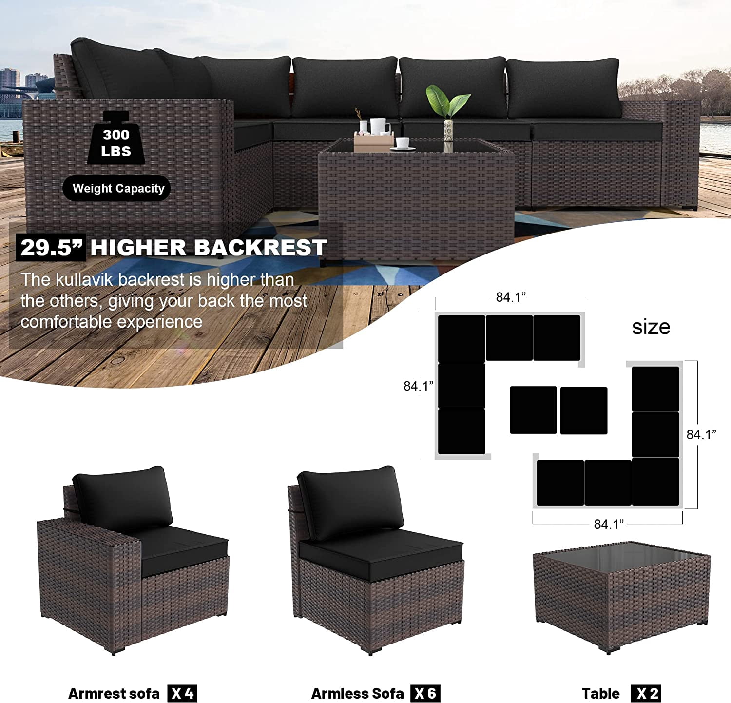 Gotland Outdoor Patio Furniture Set 12Pcs Sectional Rattan Sofa Set Wicker 10 Cushion 2 Table, Black