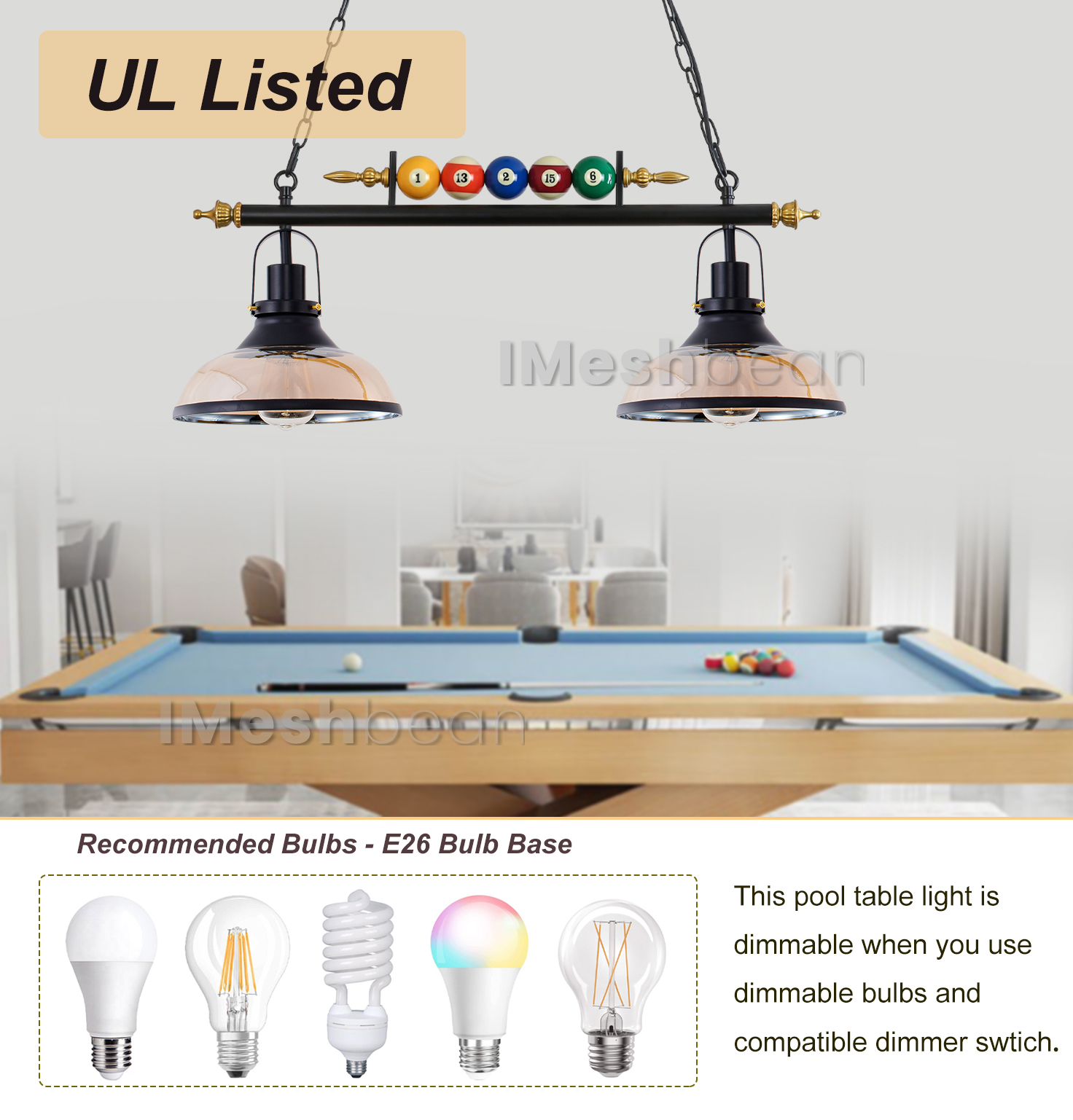 iMeshbean Pool Table Lighting Fixtures Ceiling Lamp for Game Room Beer Party , Real Billiard Ball Design Billiard Pendant Lamp with 2 Glass Shades - image 3 of 10