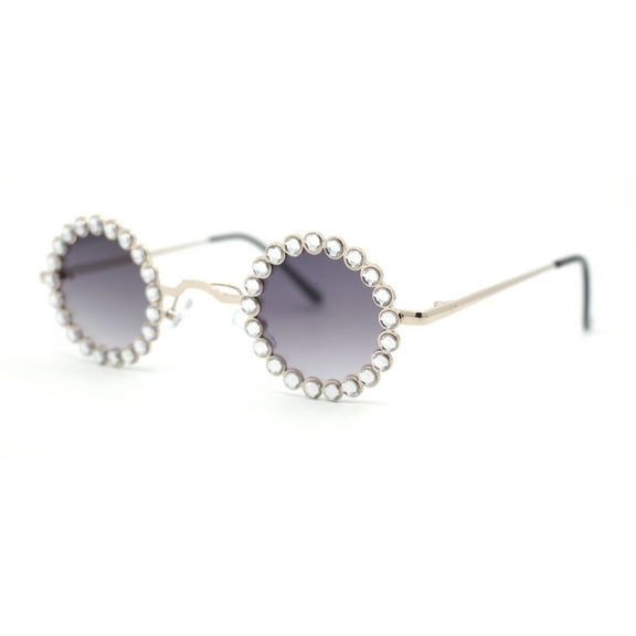 Large Rhinestone Rim Micro Small Hippie Round Circle Lens Metal Sunglasses Gold - Smoke