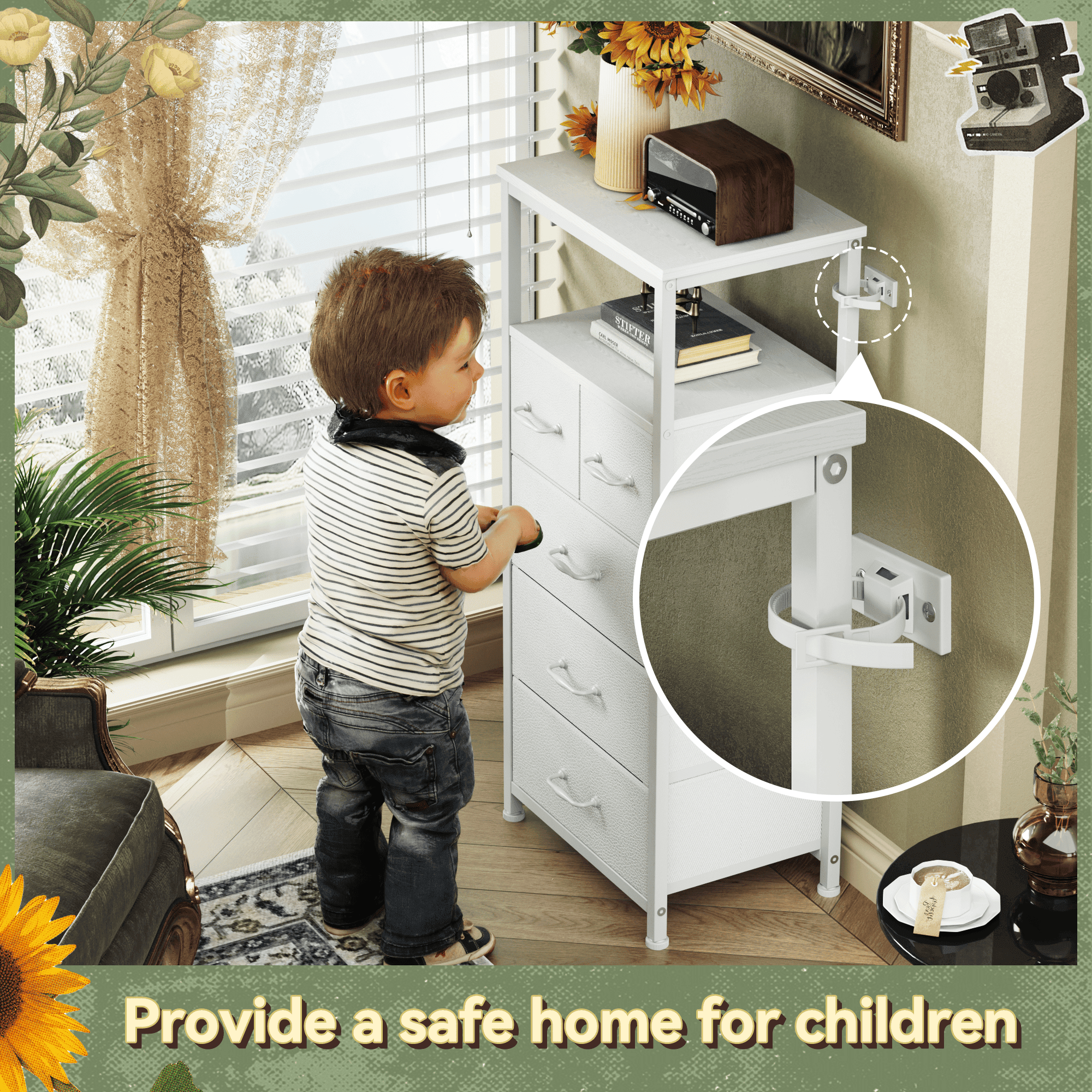 TYDIMOR Small Dresser for Bedroom, 5 Drawer with Charging Station, White, Ideal for Adults
