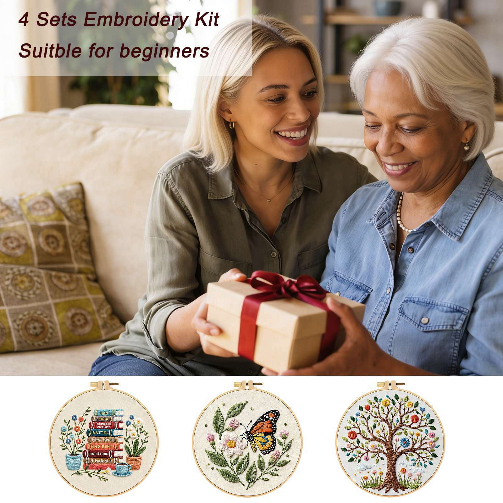 3PCS Flowers Embroidery Kits for Beginners Adults, Butterfly Hand Embroidery Starter Kits, Floral Cross Stitch Kits for Beginner Needlepoint DIY Kits for Adult, Embroidery Hoops, Thread