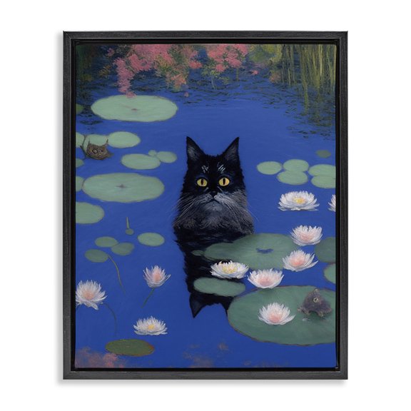 Stupell Industries Contemporary Black Cat in Pond Black Floating Frame Canvas Art, 17 x 21, by Gary Shergill Designs