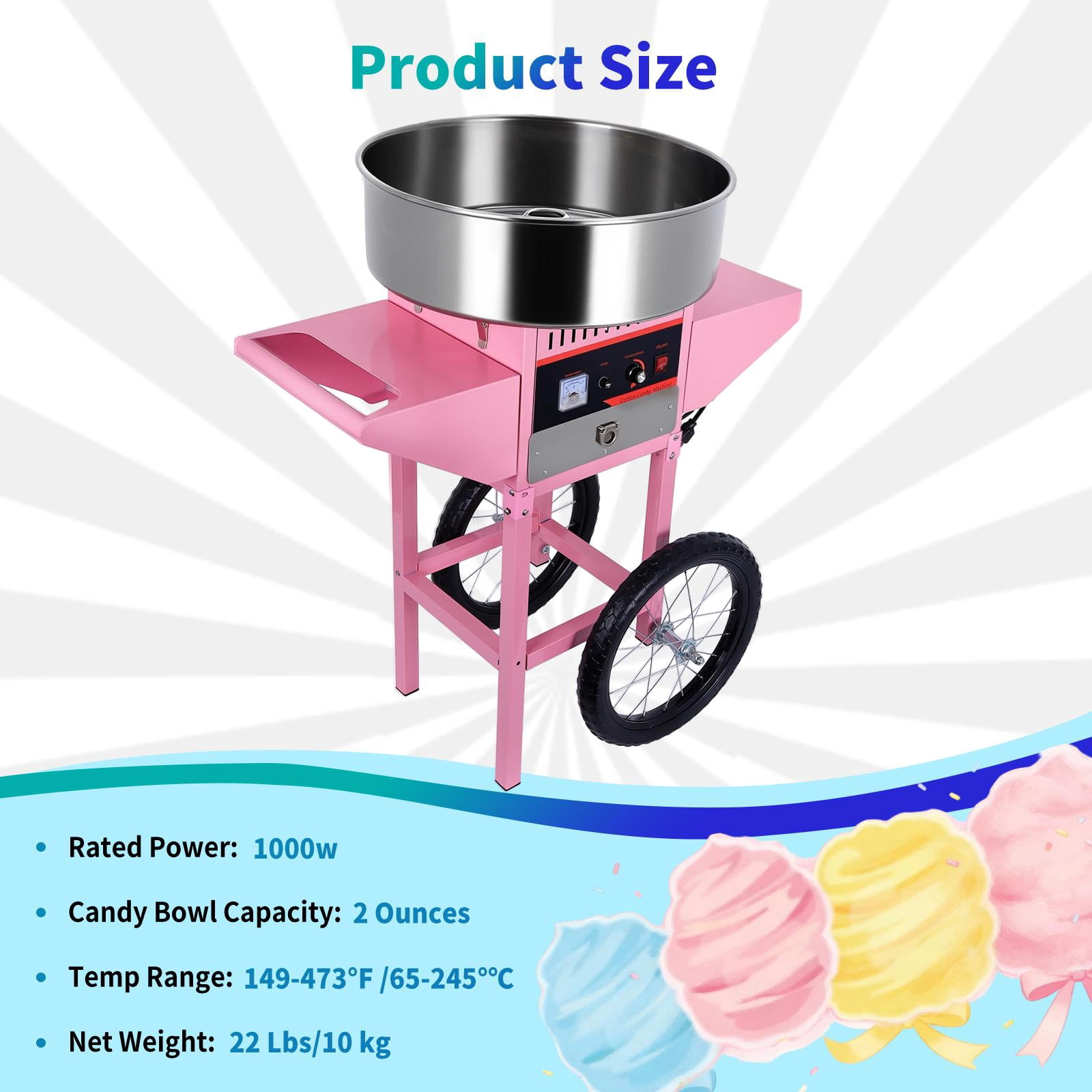 Mobile Cotton Candy Maker,Vintage Candy Floss Maker With Electric 1000W Motor,Rolling Cart With Sugar Scoop And Storage Drawer,Candy Floss Sugar Maker Machine For Commercial Use,Pink