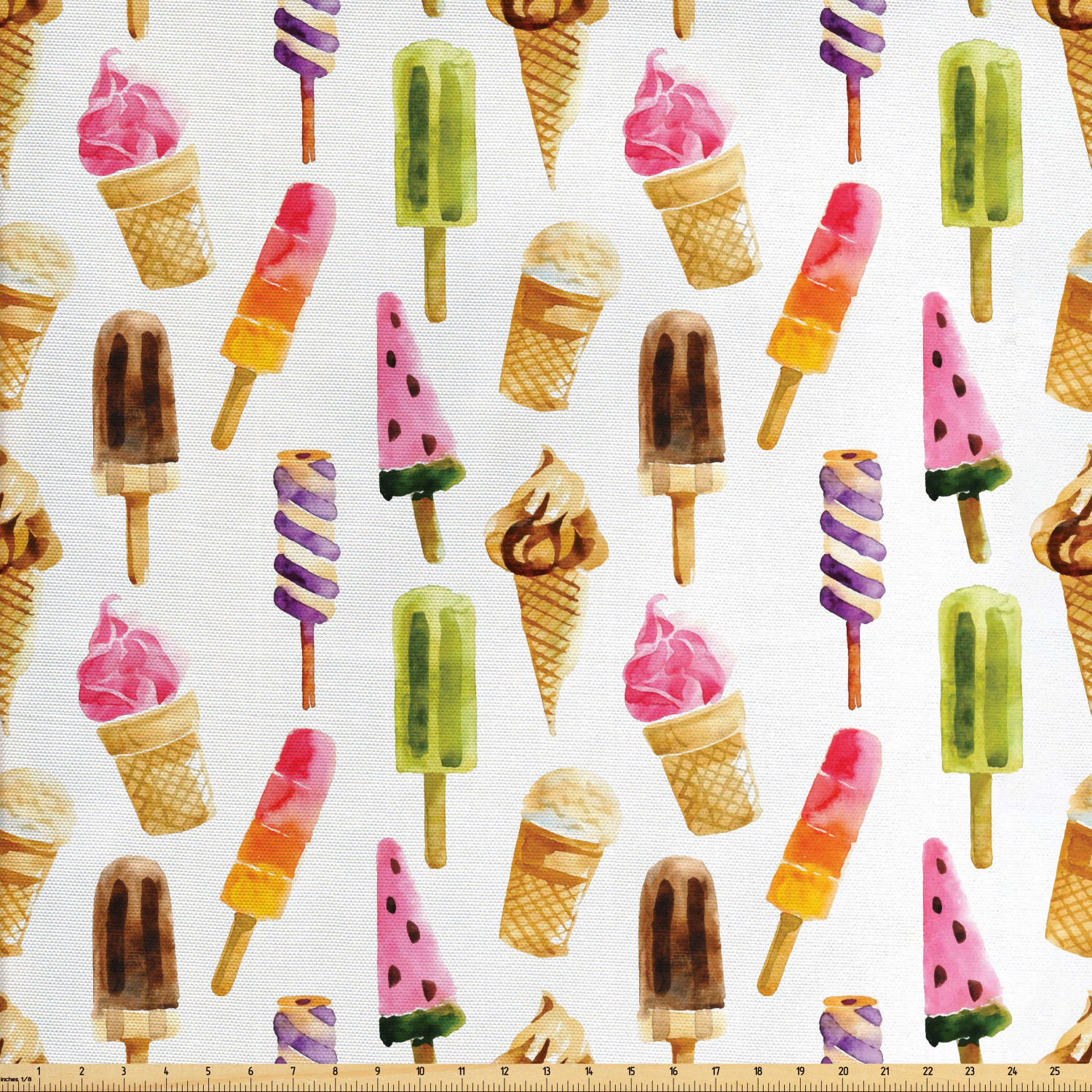 Ice Cream Fabric by The Yard, Watercolor Pattern with Different