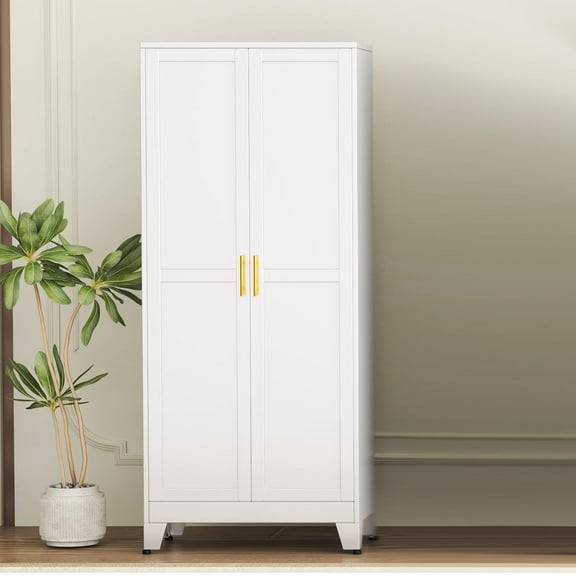 75.2" Tall Kitchen Pantry Storage Cabinet, Metal File Cabinet with 2 Door and 5 Adjustable Shelves, White Cupboard, Storage Cabinet for Kitchen Office Dining Room Living Room
