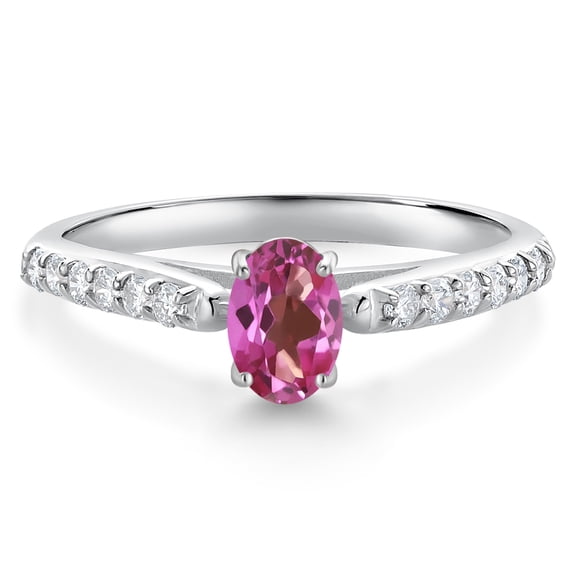 Gem Stone King 10K White Gold Pink Mystic Topaz and White Lab Grown Diamond Engagement Ring for Women (0.68 Cttw, Oval 6X4MM, Gemstone Birthstone, Size 5)