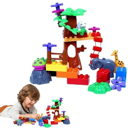 Sounding Block - Toy Zoo Kingdom Building Playset - Makes Animal Sounds - 'Build Your Own' Play Set Includes Blocks, Animals, Trees, Flowers - Battery Operated - By Dazzling Toys