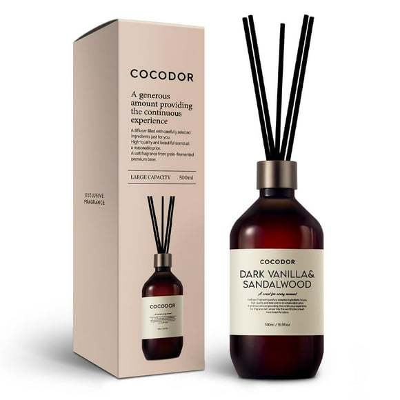 COCODOR Premium Reed Diffuser/Dark Vanilla&Sandalwood/16.9oz(500ml)/1 Pack/Fragrance Scent Essential Oil Stick Diffuser Set for Bedroom Bathroom Home Décor