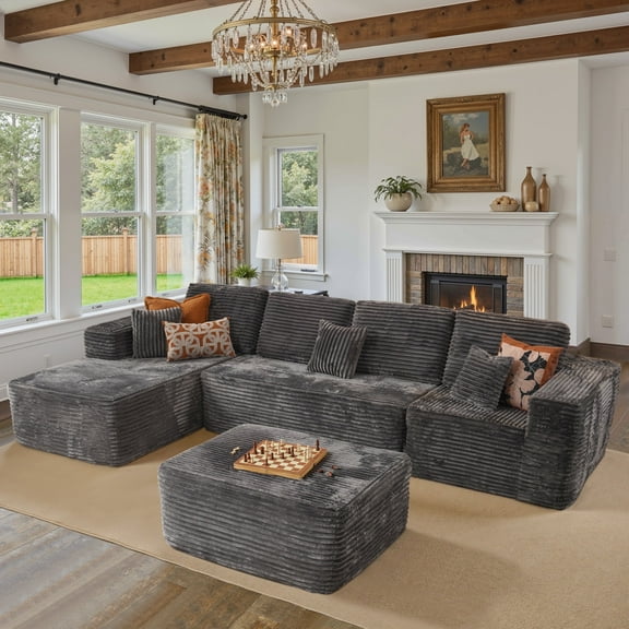 Ovios 133" Oversized Modular Sectional Sofa U-Shaped Corduroy Couch with Chaise & Ottoman Deep-Seat Sofa Set for Living Room, Gray