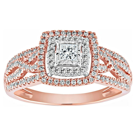 Forever Bride 10K Rose (Pink) Gold 1/2 CTTW Diamond Cushion Bridal Ring, Women, Adults