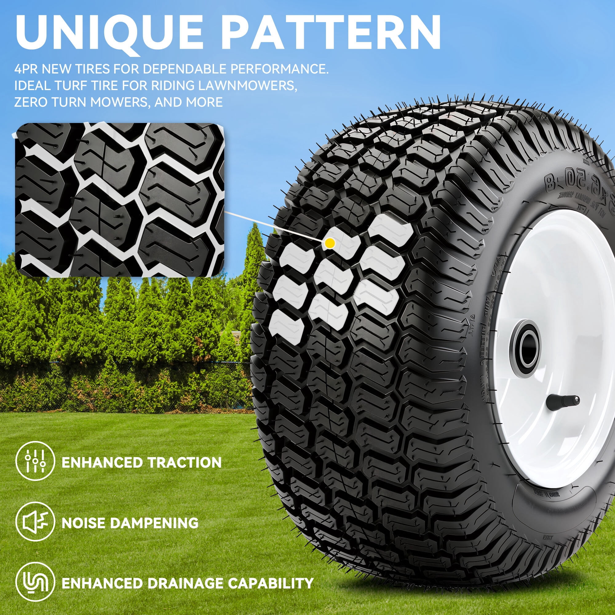 Uforic 16x6.50-8 Lawn Mower Tire and Wheel Assemblies, 4-Ply Pneumatic Front Replacement Tires, 3 in Centered Hub, 3/4 in Bushings, Fits Lawn Tractors, Garden Vehicles, 620 lb Capacity, 2-Pack