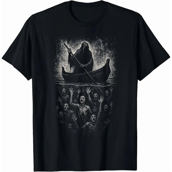 Men's Dark Gothic Grim Reaper Skeleton Boat T-Shirt