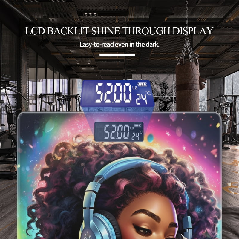 Bathroom Scale, Highly Accurate Digital Body Scale,Precisely Measures Weight up to 400 lbs-Beautiful Black Woman With Curly Hair Wearing Headphones
