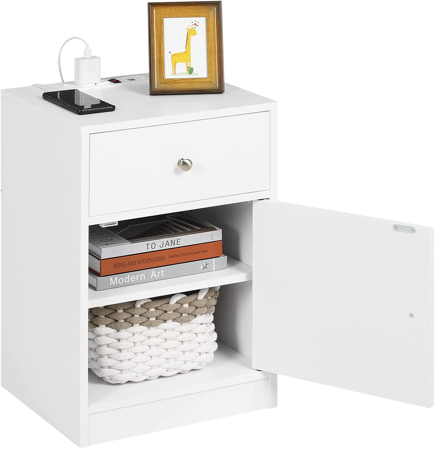 Adorneve Nightstand with USB Port, Drawer for Bedroom White