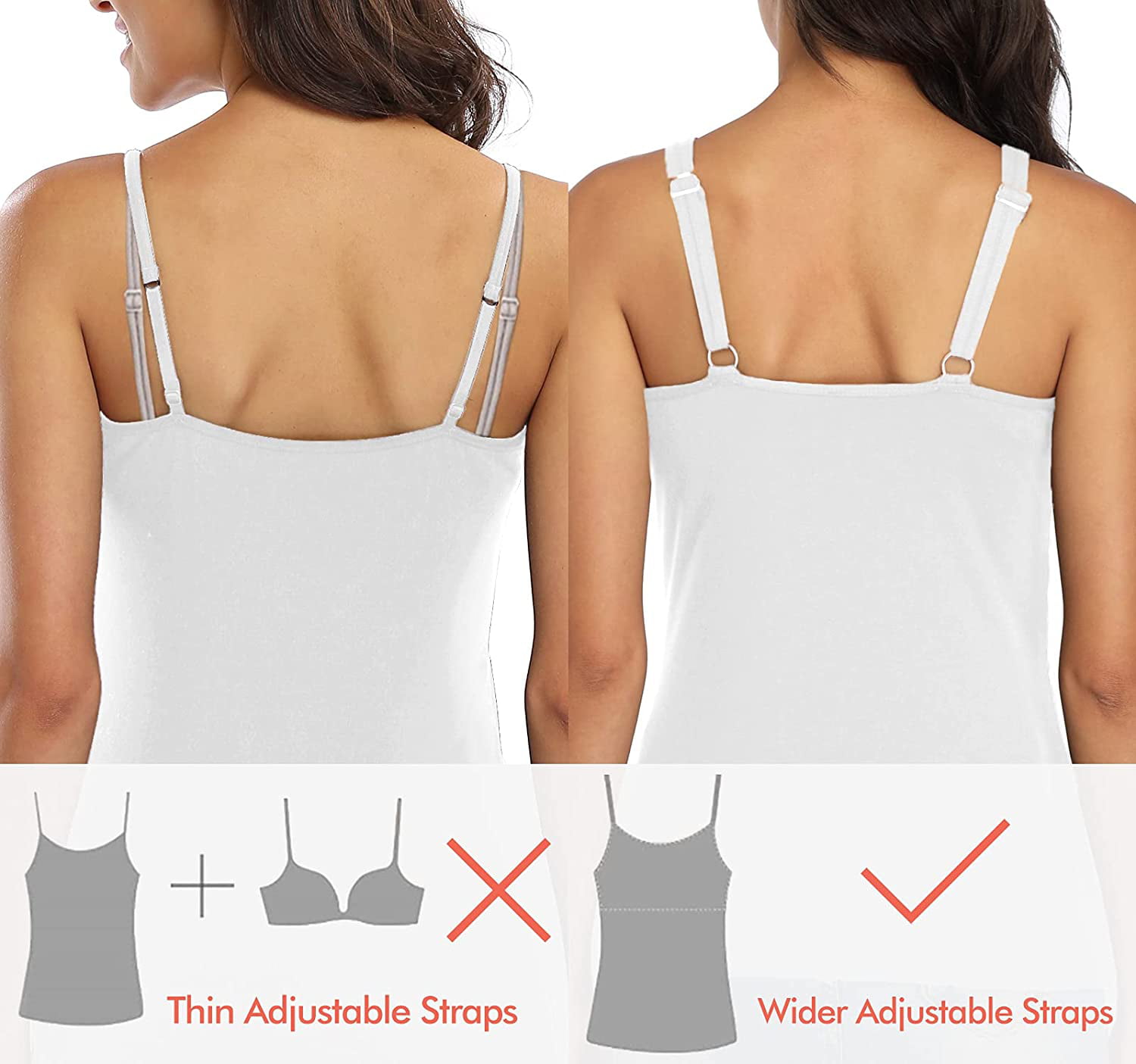 Long Camis With Built In Shelf Bra Adjustable Strap Women Layering Basic  Tanks Top Solid Cotton Chest Pad Summer T-shirt [advanced Quality!50%off]