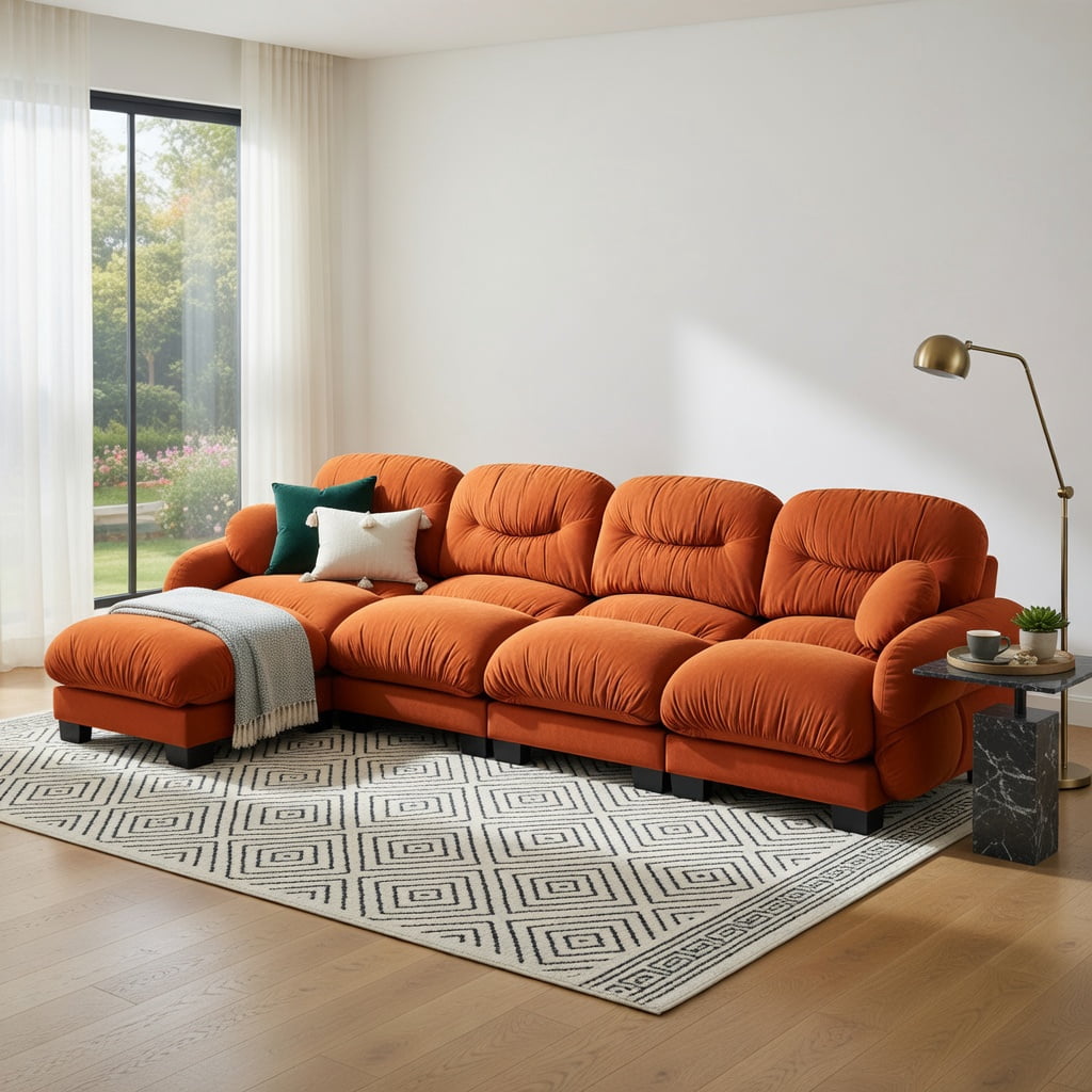 Hommoo Chenille 4-Piece L-Shaped Modular Sectional Sofa Set with Ottoman, Ergonomic High-Density Foam Cushions, Curved Armrests & 2 Throw Pillows, Pleated Back Design, Orange