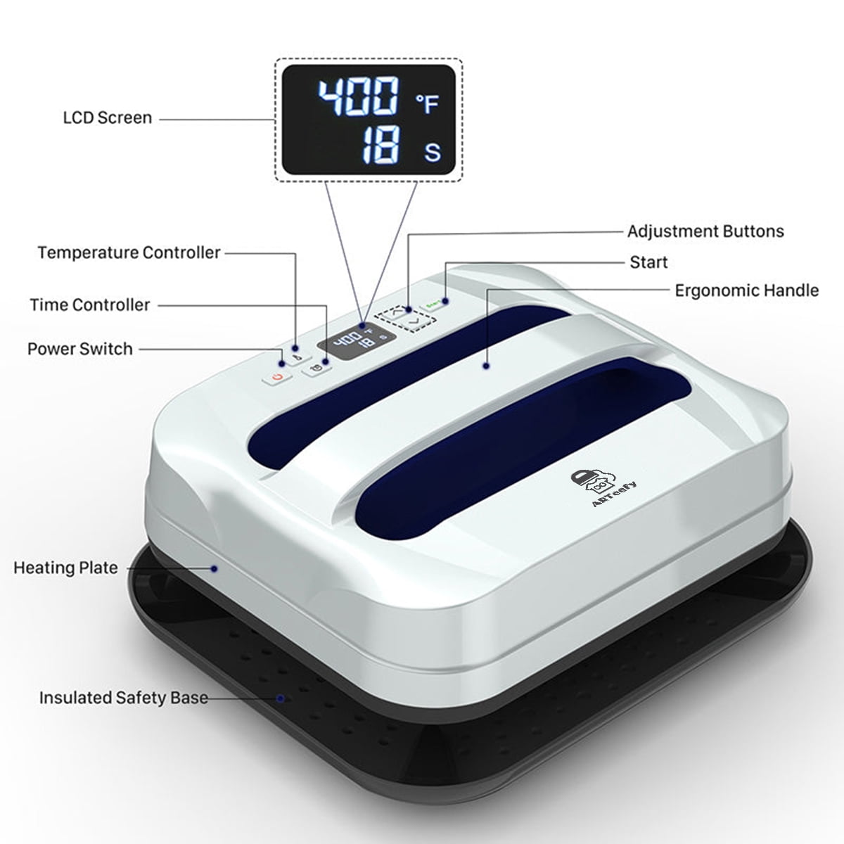 ARTeefy HP3 12" x 10" Portable Heat Press Machine for T-Shirts, Sublimation and HTV Vinyl, Silver Navy