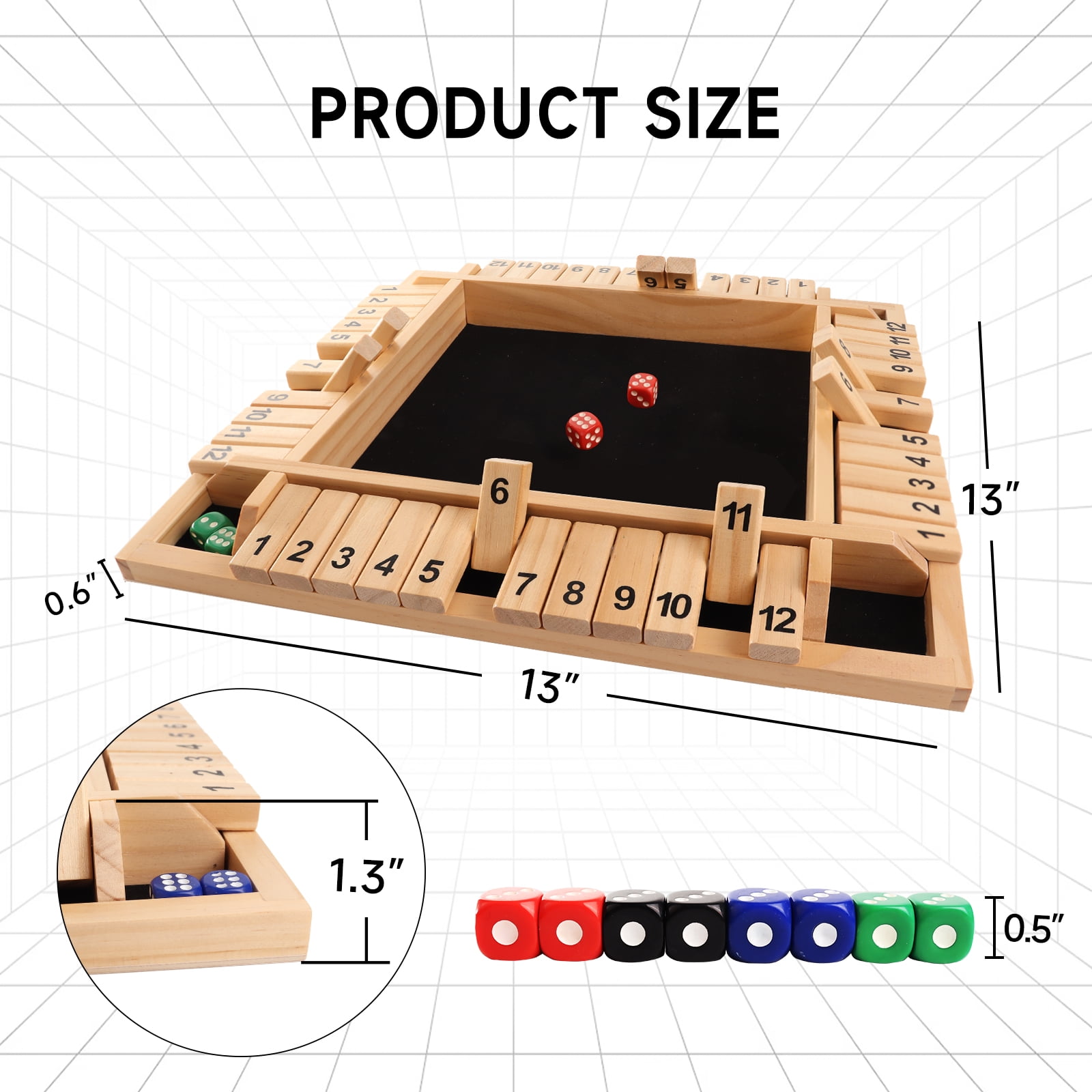 GSE Games & Sports Expert 4-Player 12 Numbers Wooden Shut The Box Dice Board Game with 8 Dices Classic Tabletop Version of Popular English Pub Game - Natural Wood