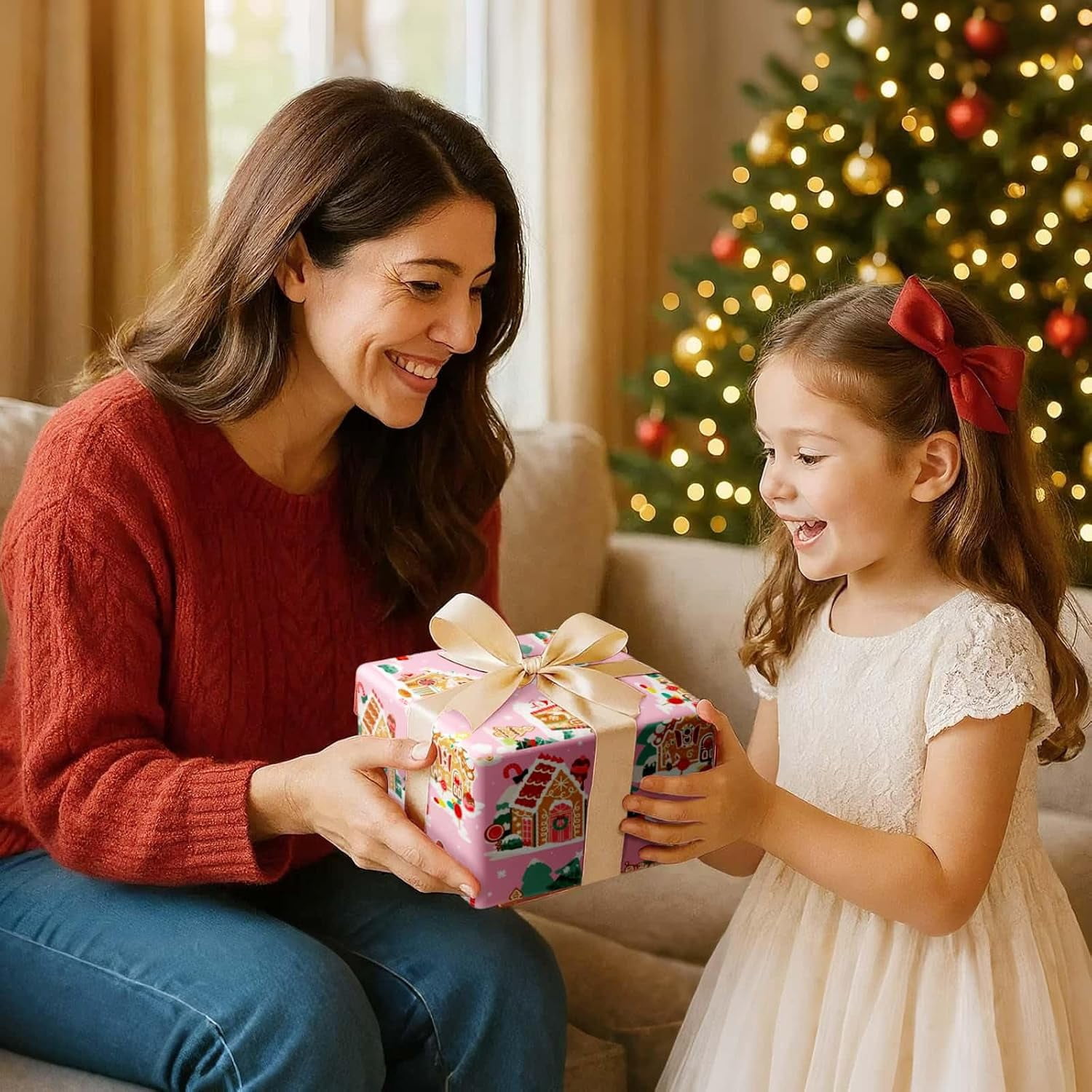 Christmas Wrapping Paper - 1 Roll 17”x 33 ft Gingerbread House Wrapping Paper Roll Reversible Christmas Tree Gift Wraps for Kids Girls Xmas Winter Holiday Party Pink Polka Dot Design