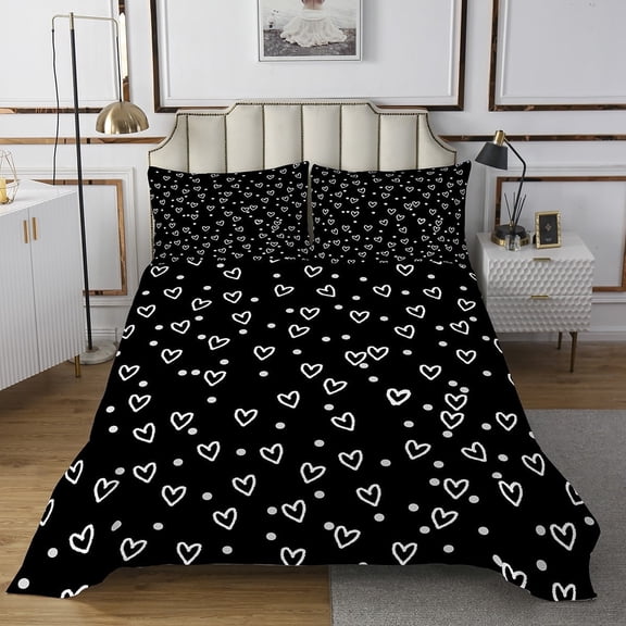 Erosebridal Love Heart Print Bedspread Sets Queen Size, Black Bed Quilt, Romantic Room Decor