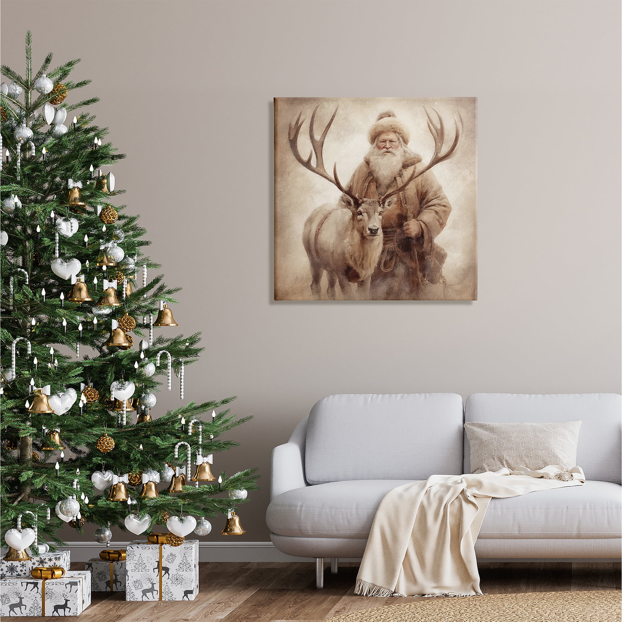 Stupell Industries Traditional Santa & Reindeer Holiday Painting Gallery Wrapped Canvas Art Print Wall Art, 30 x 30