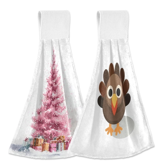 IAUYY Kitchen Hanging Towels Set of 2 100% Polyester Absorbent, Super Soft Hand Towels with Hanging Loops for Bathroom Kitchen Pink Christmas Tree Perspective Presentation