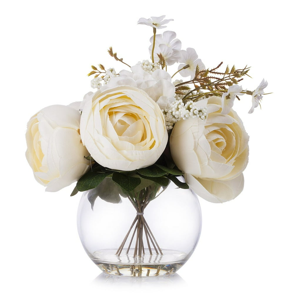 Enova Home Silk Peony and Hydrangea Flower Arrangement in Clear Glass