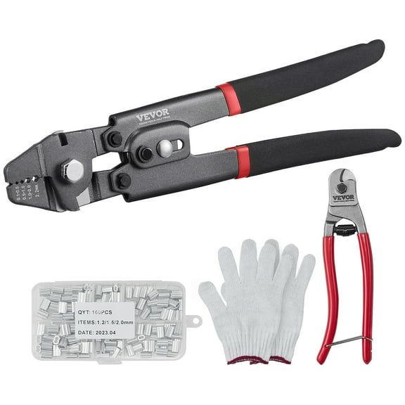 VEVOR Wire Rope Crimping Tool and Cutter Up To 2.2mm Wire Cable Crimps, 1/64" - 3/32" Crimping Loop Sleeve Kit and 160pcs Aluminum Buckles, Fishing Crimping Tool Wire Rope Thimbles Kit
